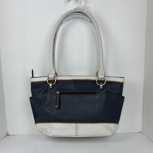 Tignanello 100% Genuine Leather Purse Handbag Bag White Blue & Brown trim